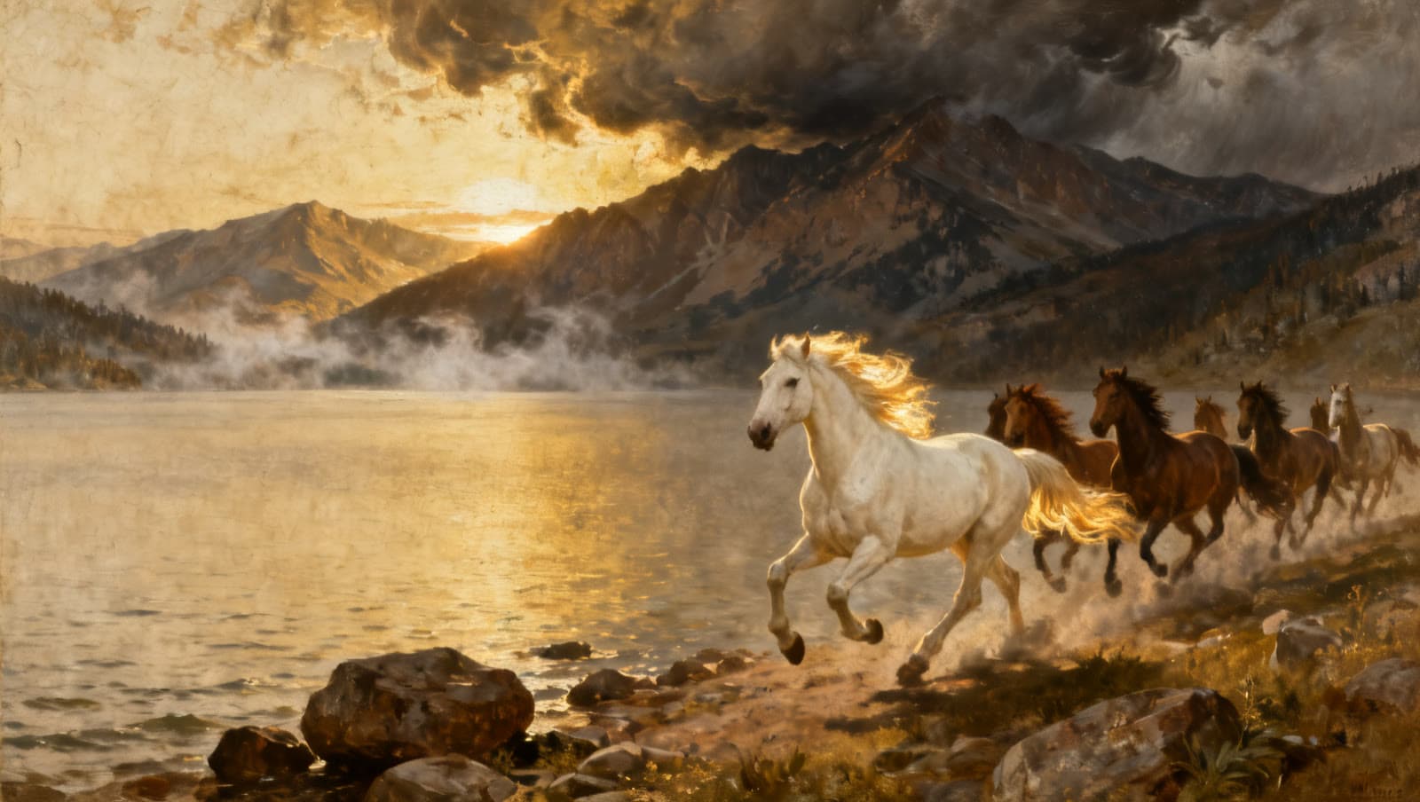Oil painting of the wild herd galloping along the Flathead shoreline as dawn breaks gold over the mountains