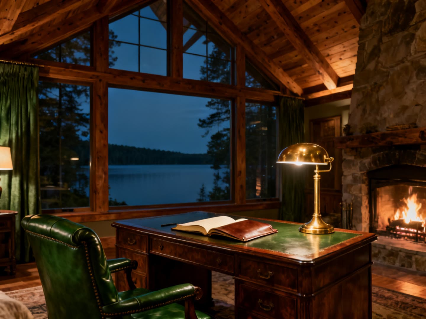 Photograph of the The Hope House at Wild Hope. The signature suite. A writing desk facing the night water, where sealed hopes are opened on arrival.