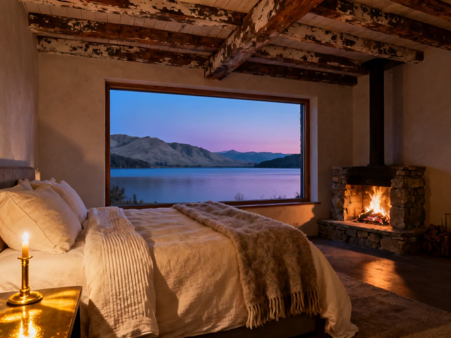 Photograph of the Lodge Room at Wild Hope. A hearthside room in the great lodge. Timber beams, wool and linen, a lit fire, the lake at your window.