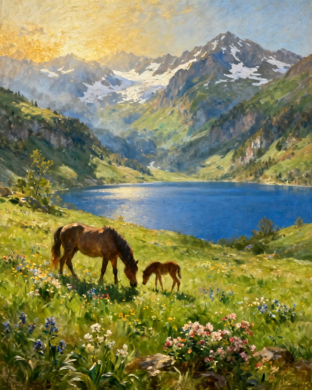 Oil painting of the The Greening season at Wild Hope: Foals in the meadows, snowmelt in the creeks, the year made new.