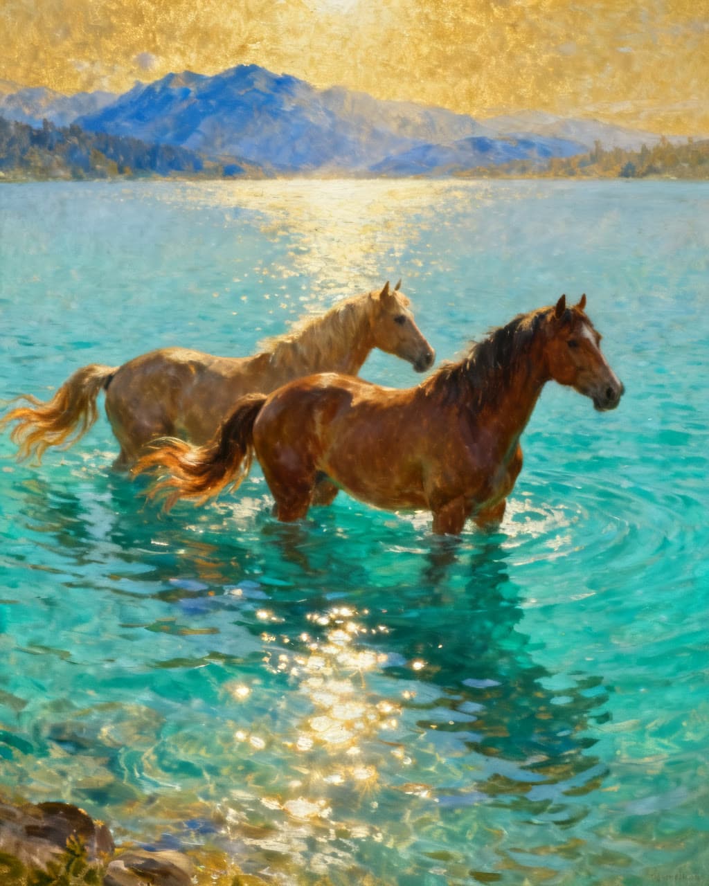 Oil painting of the High Summer season at Wild Hope: Horses chest deep in turquoise shallows, long gold evenings on the dock.