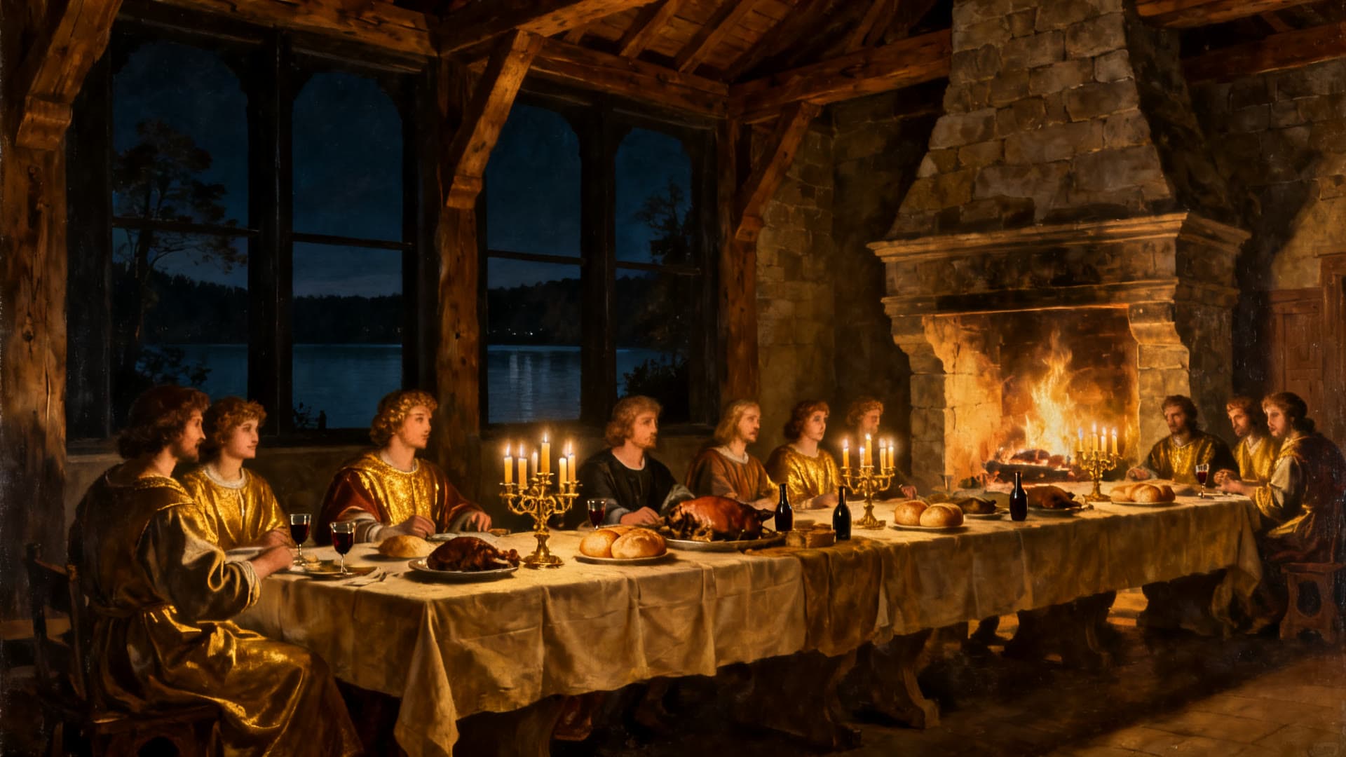 Oil painting of the long candlelit Offertory supper table in the great lodge hall, fire roaring in the stone hearth, the night lake in the windows