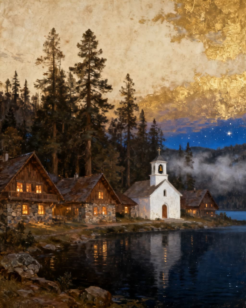 Oil painting of the Wild Hope village at dusk: stone cottages with candlelit windows around a white chapel on the lakeshore under a gold leaf sky