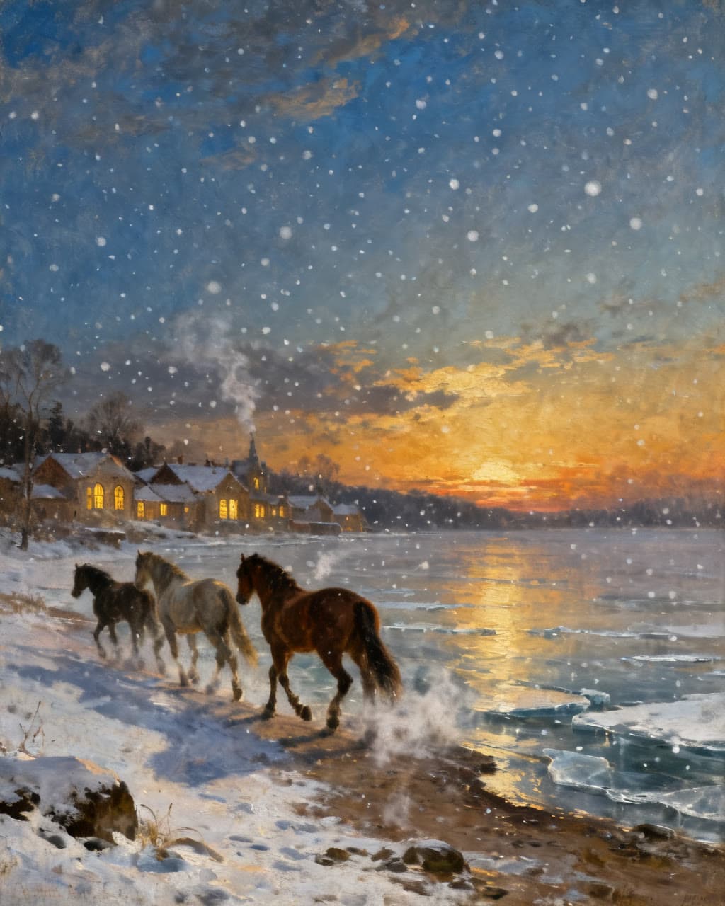 Oil painting of the The Vigil season at Wild Hope: Snow on still water, candlelit suppers, the quietest praying season of all.